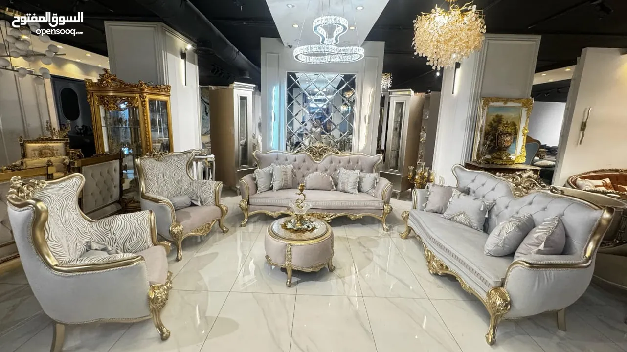 اطقم كنب فاخرة ومميزة – خشب زان متين وقماش سويد ناعم – جودة عالية بأقل الأسعار وبضمان