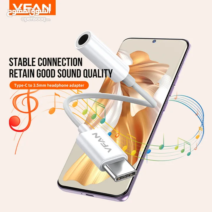 تحويله كيبل صوتيات تحويلة من USB-C إلى 3.5 مم (Aux)  Type-C VFan L08 Adapter Audio Aux