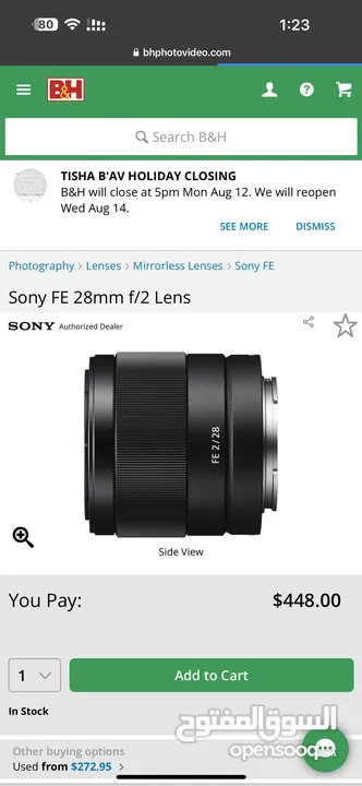 للبيع عدسة سوني فل فريم Sony 28mm F2