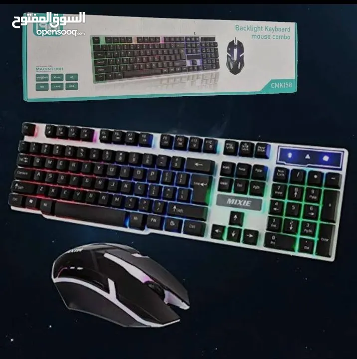 بكج كيبورد وماوس كيمنك كيبورد سلكي ذات ملمس ميكانيكي مميز مع إضاءات آر جي بي مما يُعطي مظهرًا رائعا