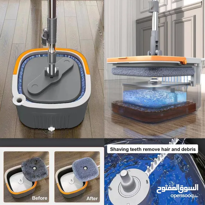 ممسحة تنظيف ذاتية مربعة الشكل للأرضيات رأس دوار 360 درجة دلو بميزة فصل الماء النظيف عن الماء