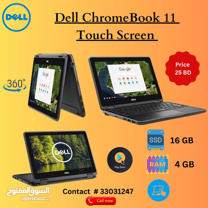 Arabic Keys Dell Chromebook    360 Rotatable Touch Screen  16GB Storage  4GB RAM  Play Store