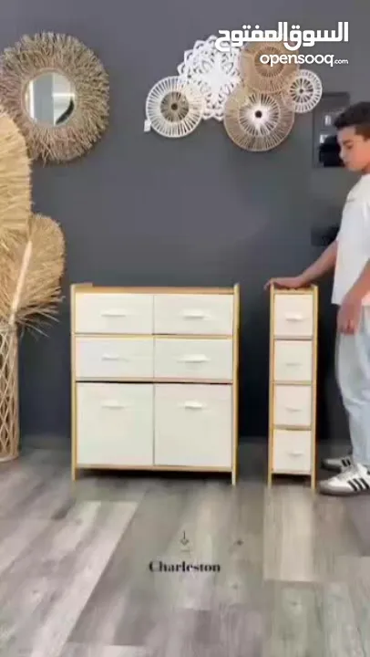 خزانة البامبو العصرية 6 ادراج قماشية مثالية لتنظيم المناشف، الملابس، الألعاب، أو أي أغراض أخرى.