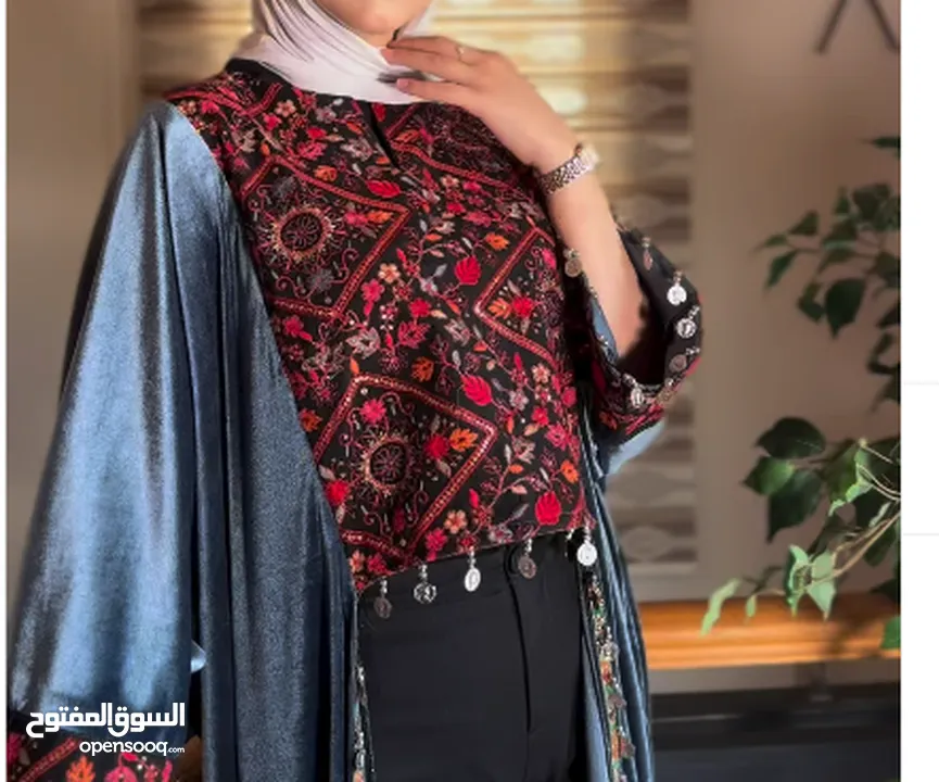 Dark Navy Abaya with Traditional Red Palestinian Embroidery - Free Size