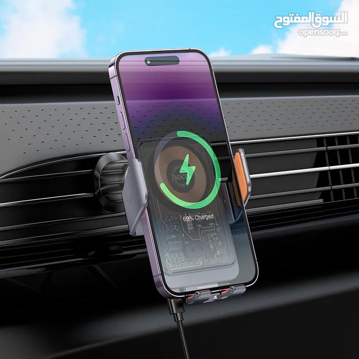 Hoco HW7 Car Holder with Wireless Charger شاحن لاسلكي للهاتف من شركة هوكو  شحن سريع 15 واط 15w charg