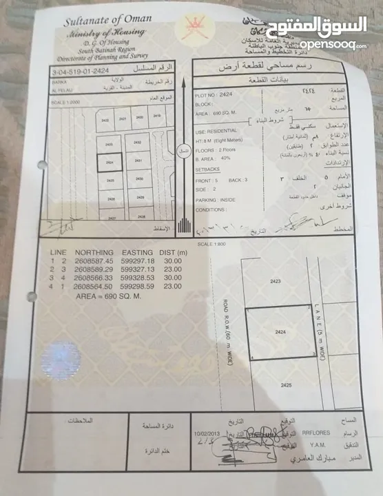 ارض للبيع بركا الفليج المعمورة من المالك مباشرة مساحة 690