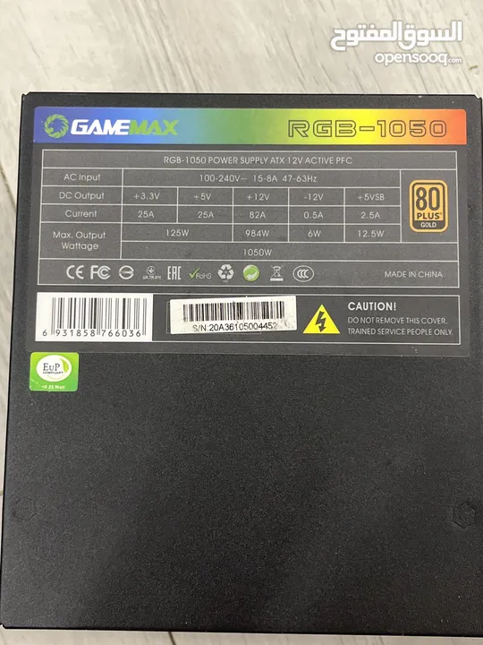 Black Game max RGB 1050 W power supply used for 1 week (THE BOX IT COMES IN IS NOT THE ACTUAL PSU)