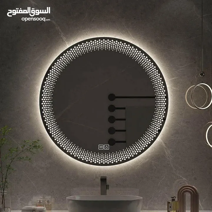 مرآة LED الذكية – إضاءة مميزه جدا ،  تشغيل كهرباء، كبسة لمس، قطر 70 سم.  متوفرة بإطار ذهبي أو بدون