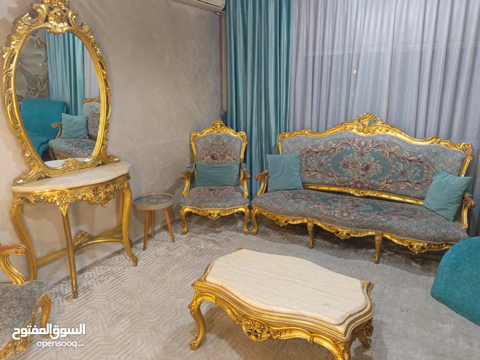 خشب زان طقم كنب فاخر بلون (فيروزي +ذهبي)مصري خشب زان