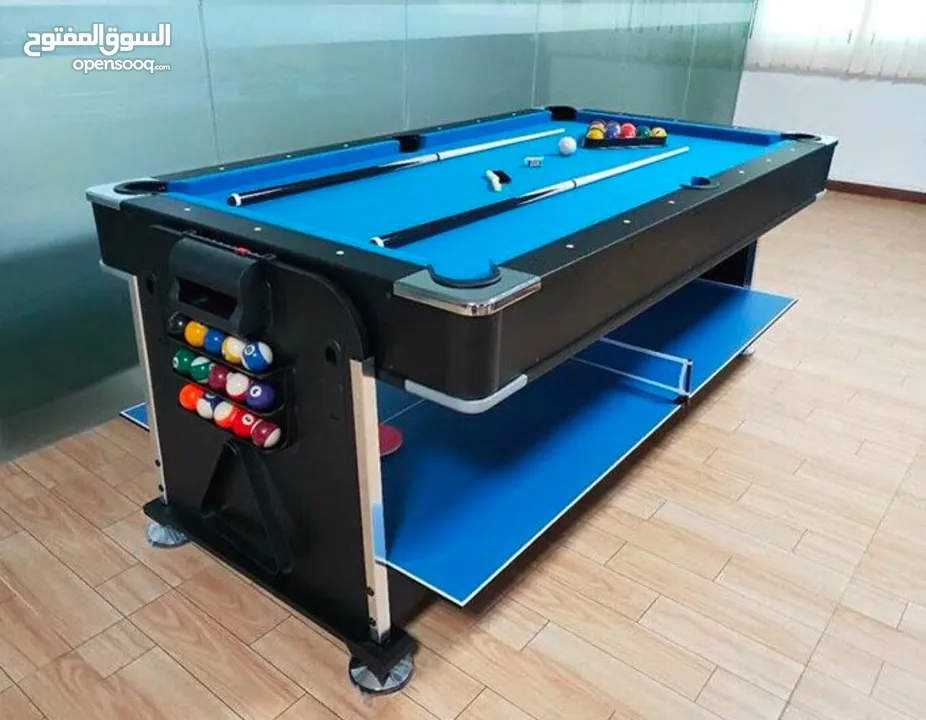 3-in-1 game: pool, ice hockey, and table tennis.