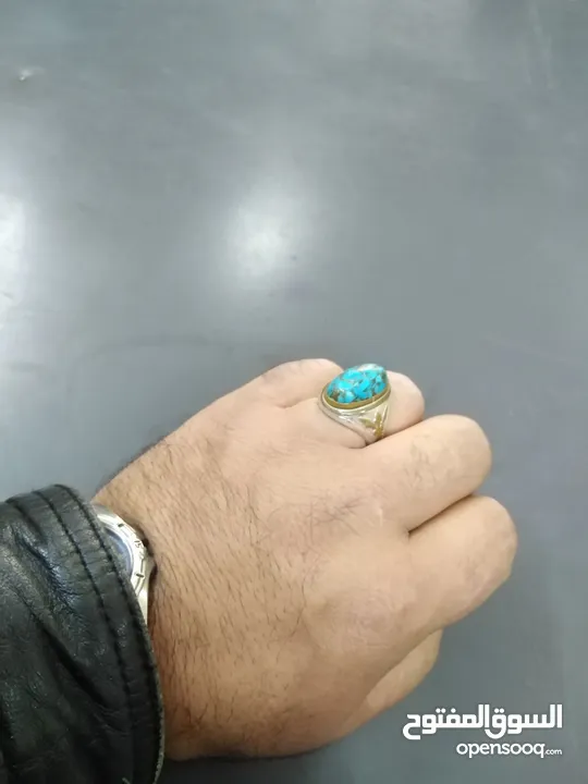 خاتم فضة 925 حجر الفيروز الأزرق الطبيعي فحل سعر الخاتم الواحد 35دينار