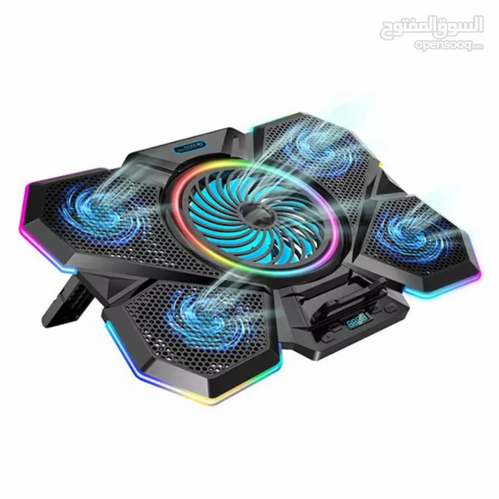 لوحه تبريد جهاز لاب توب خمس مراوح مع اضاءه اللون ار جي بي laptop coolingpad 5-fans RGB lighting