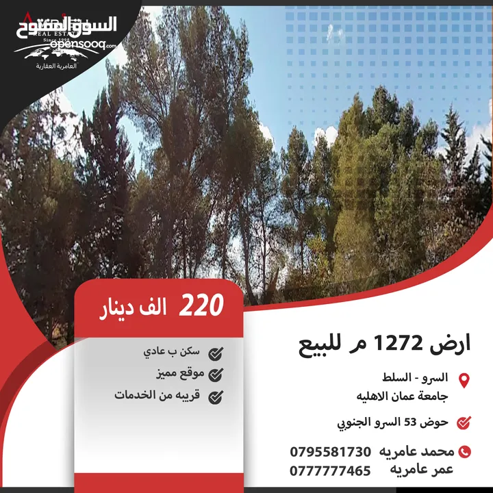 ارض 1272 م للبيع في السرو / بالقرب من جامعة عمان الاهليه ( سكن خاص ) .