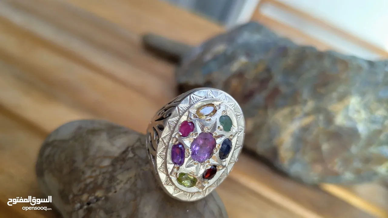 خاتم فضة مميز مع احجار الكريمة  special ring from silver 925 and precious gemstones