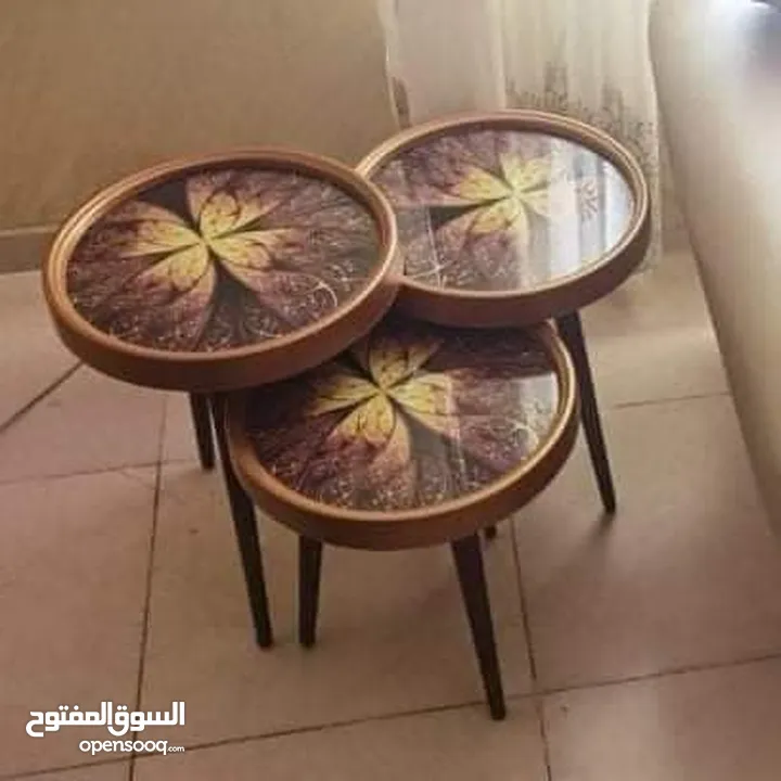 طاولات سرفيس 3D  زجاج حجم الكبير قطر 40سم نظام تركي  متوفر الوان  3 قطع