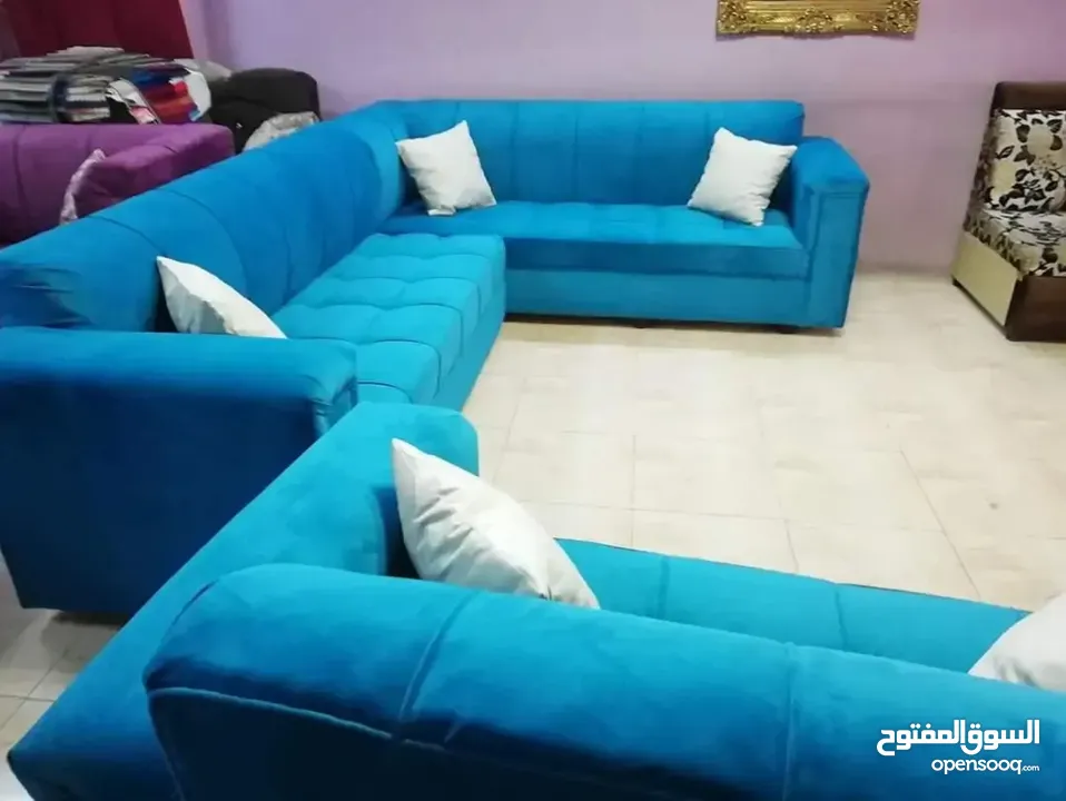 تنجيد كورنر حرف L مع كنبة مزدوجة مع إمكانية اختيار الاقمشة والألوان والتفصيل حسب الطلب