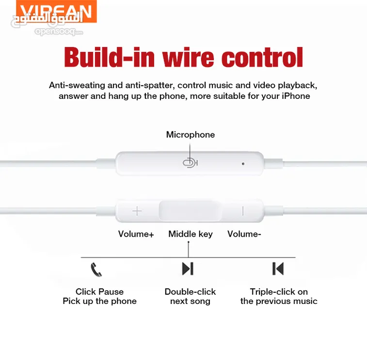 سماعه اذن اصلي  مدخل AUX 3.5 عالي الجودة  AUX Input VFan M04 Earphone Original Lightning Chip