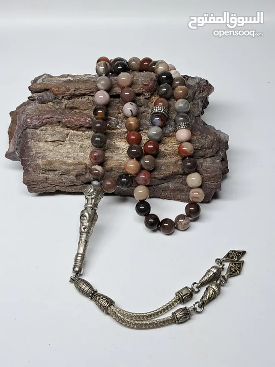 rare beautiful petrified wood prayer beads , handmade with a certificate