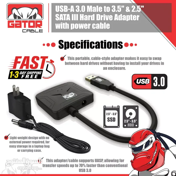 USB 3.0 to SATA III Hard Drive Adapter for 2.5" 3.5" HDD SSD with 12V 2A Power