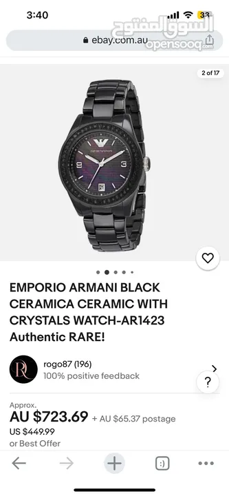 EMPORIO ARMANI BLACK STEEL CERAMICA WITH CRYSTALS AR 142 اصلية 100% جديدة ولا خدش