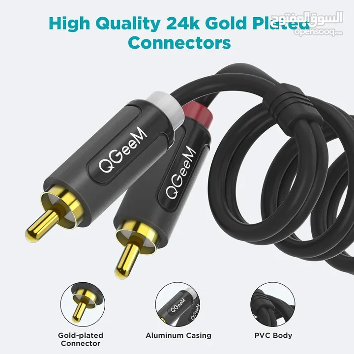 كابل ستيريو RCA، كابل QGeeM 2RCA إلى 2RCA، رقمي وتناظري، مزدوج الحماية مطلية بالذهب عيار 24 قيراطًا