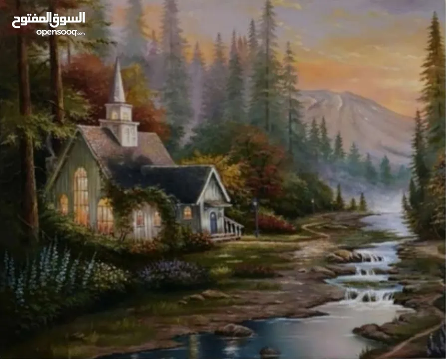 Oil painting of a forest hut design