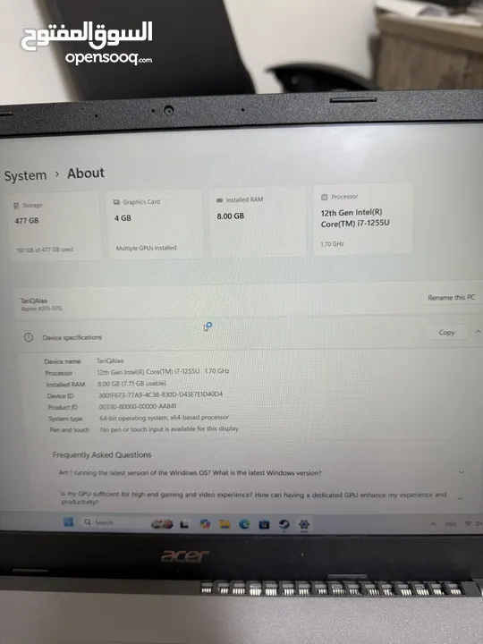 لاب توب ايسر حاله ممتازه Acer gen12 core i7 Ram 8 gb Invidia 2050