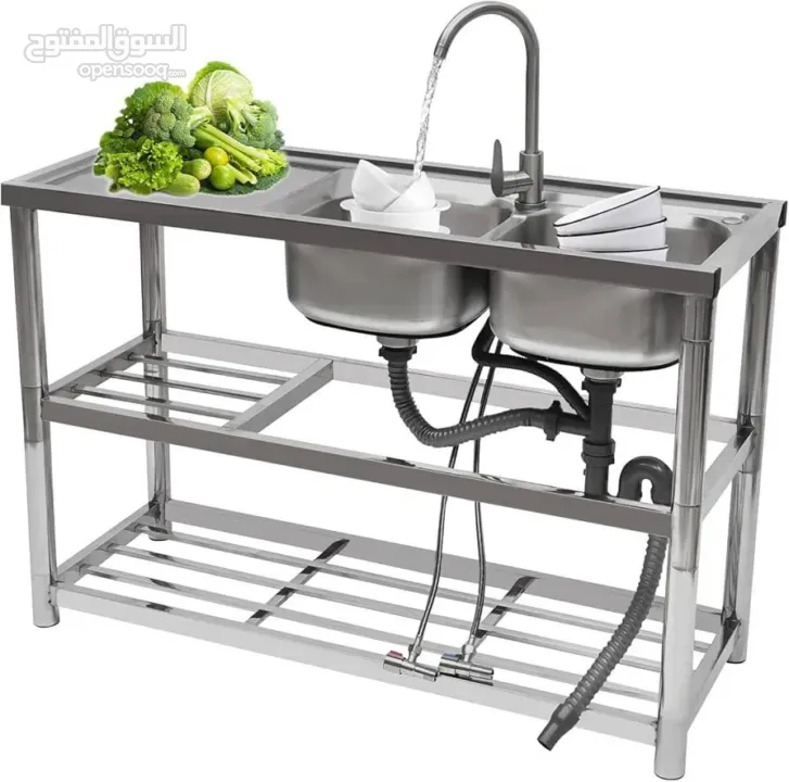 مجلى ستانلس ستيل حوضين مع رفوف وحنفية مكفول