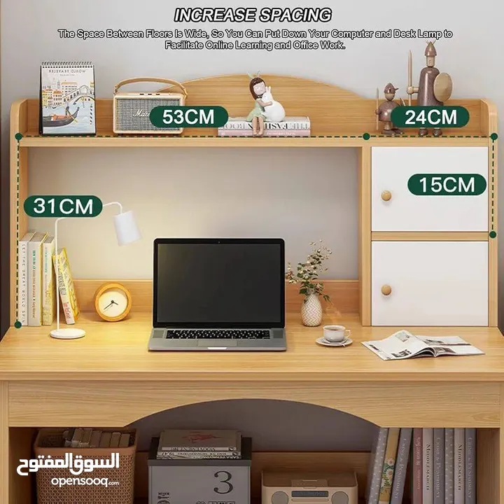 مكتب فخم مع رفوف وخزانتين جانبية   متوفر باللون الأبيض واللون الخشبي   بدون كرسي