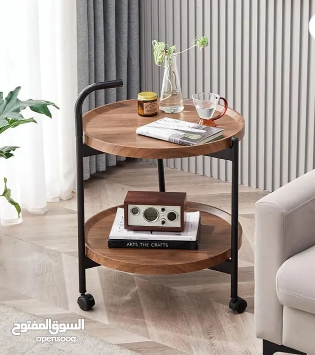 طاولة جانبية متحركة مع بكرات – طاولة قهوة دائرية  طاولة قهوة صغيرة بعربة من طبقتين بتصميم