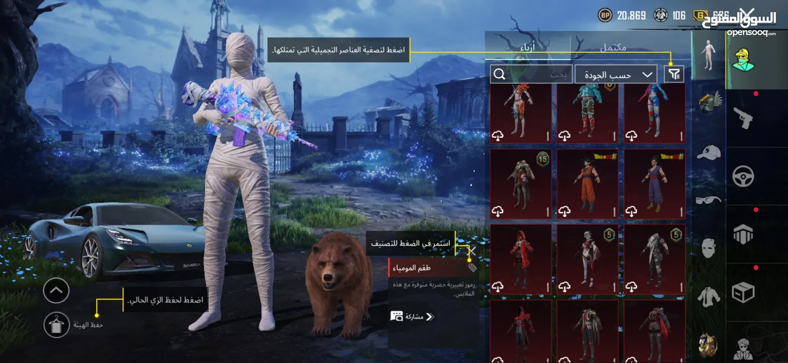 حساب ببجي نادر جدآ جميع مميائات + اسحلة كل لبسة ممياء وهناك كثير من بكجات مثل بكج سيارات