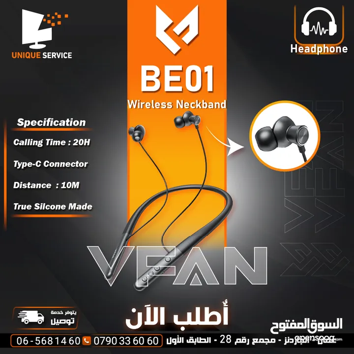 سماعات أصلية وايرلس بصوت جودته عالية تصميم مريح وخفيف الوزن VFan Wireless Earphones BE01