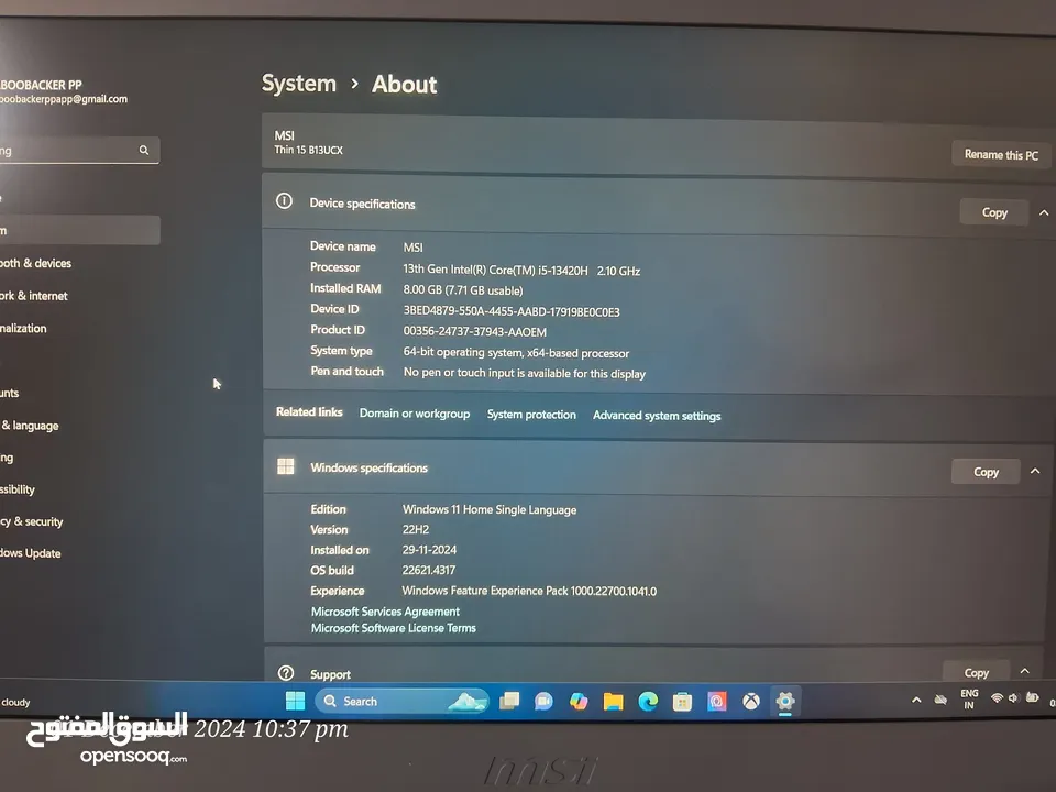 MSI Gaming laptop  Thin 15 B13UCX Windows 11 Home