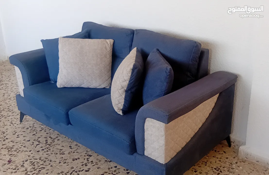 Contemporary furniture looking for a new home. Blue is a relaxing color and compliments most color