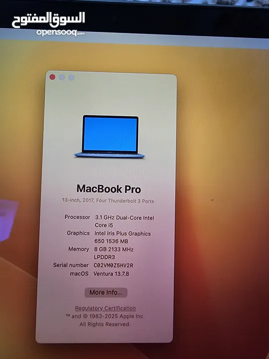 MacBook Pro (13-inch, 2017)  إستعمال بسيط بحالة ممتازة كأنه جديد