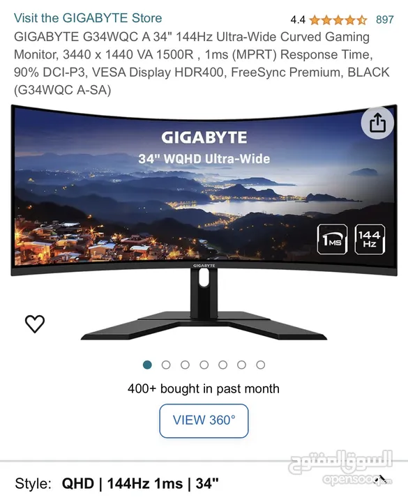 للبيع شاشة  Gaming monitor Gigabyte ultra wide curved “34” inch 3440x1440 Resolution  1ms