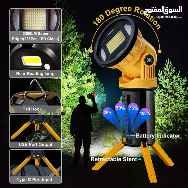 LED Cordless Work Light, Rechargeable Work Light with Foldable Tripod Stand