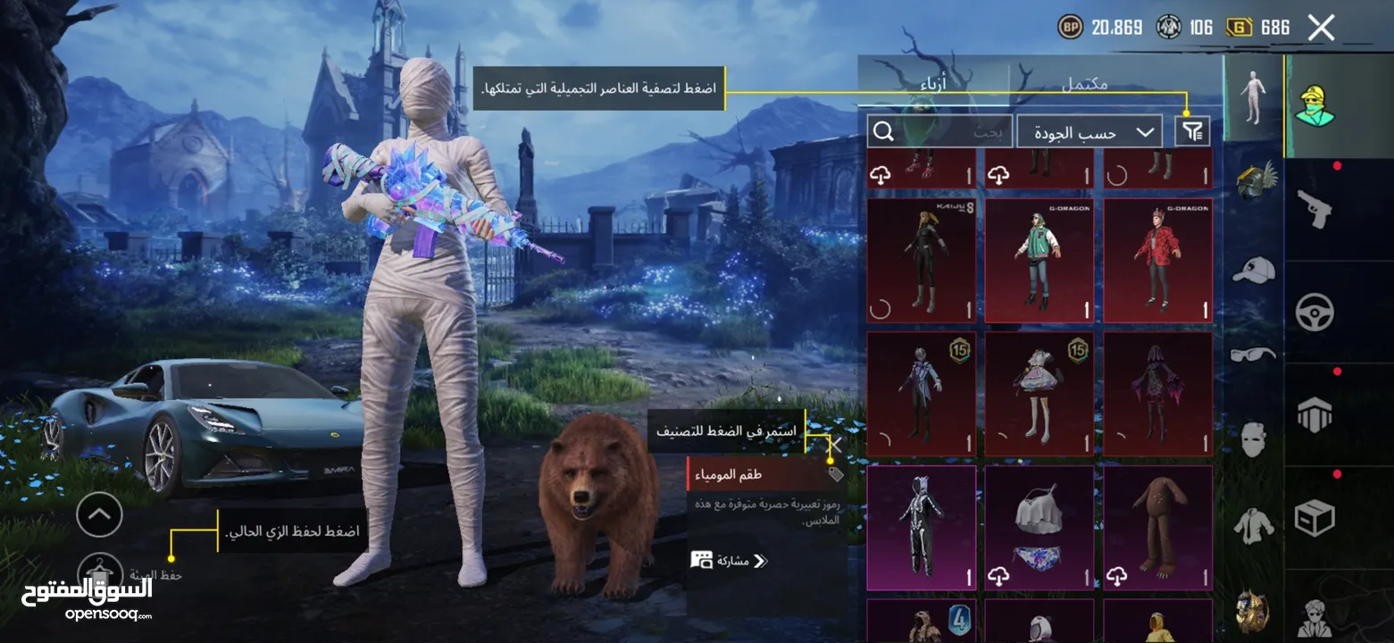 حساب ببجي نادر جدآ جميع مميائات + اسحلة كل لبسة ممياء وهناك كثير من بكجات مثل بكج سيارات