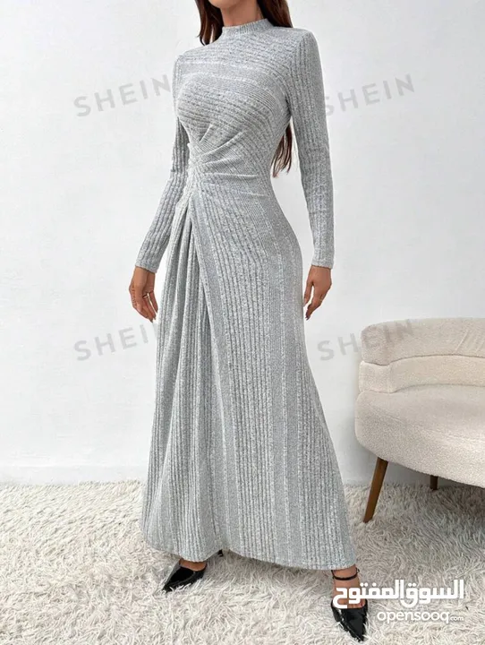 New Grey Stand Up Collar Long Sleeves Dress / L
