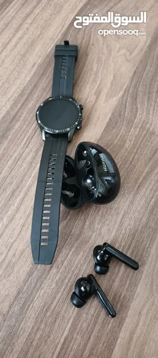 سماعة وساعة هواوي الاصليه لون اسود huawei freebids 4i huawei smart watch gt 2
