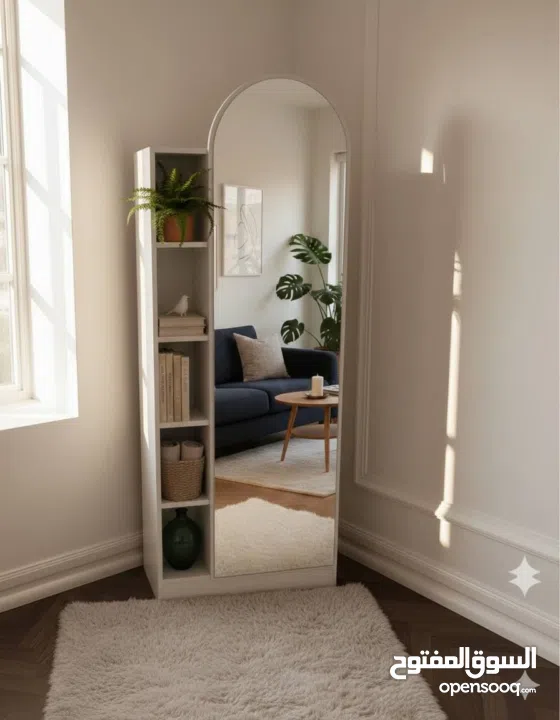 مرآة أرضية فاخرة مع رفوف جانبية – قطعة ديكور تخطّف الأنظار حوّلي أي زاوية في بيتك لمساحة أني