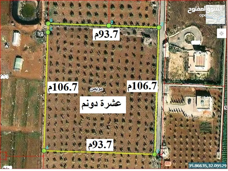 قطعة من اراضي شمال عمان موبص زراعية مربعة 10 دونمات لها واجهة كبيرة على الشارع الدونم الواحد 