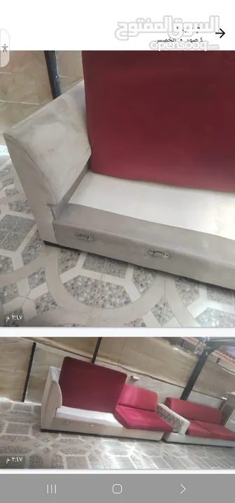 طقم كنب جلوس نوع زاوية  يكون من قطعتين بلونين خمري وبيج