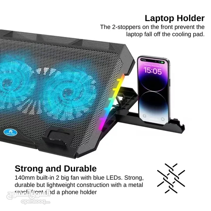 حافظ على سلامة لابتوبك مع قاعدة تبريد لابتوب مع إضاءة LED  مزدوج - USB - قابلة لتعديل الارتفاع