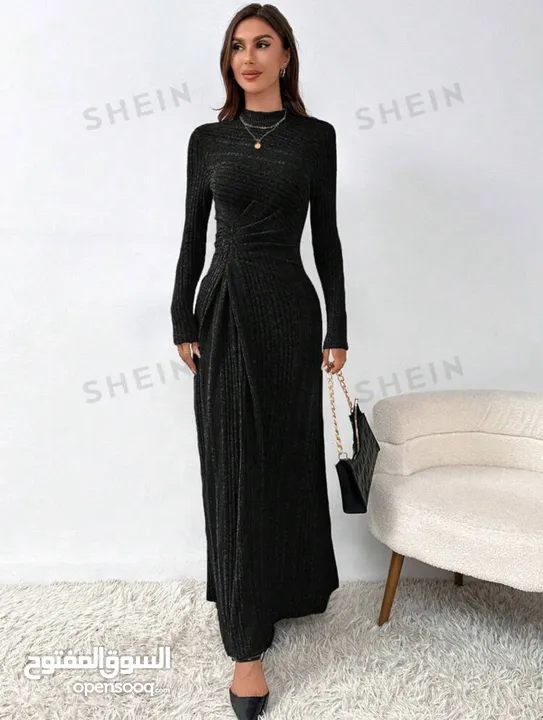 New Black Stand Up Collar Long Sleeves Dress / L