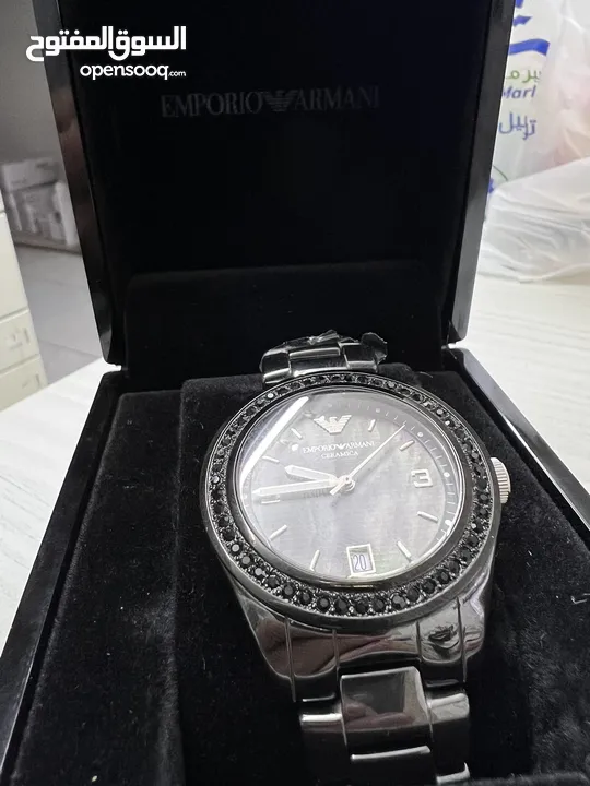 EMPORIO ARMANI BLACK STEEL CERAMICA WITH CRYSTALS AR 142 اصلية 100% جديدة ولا خدش