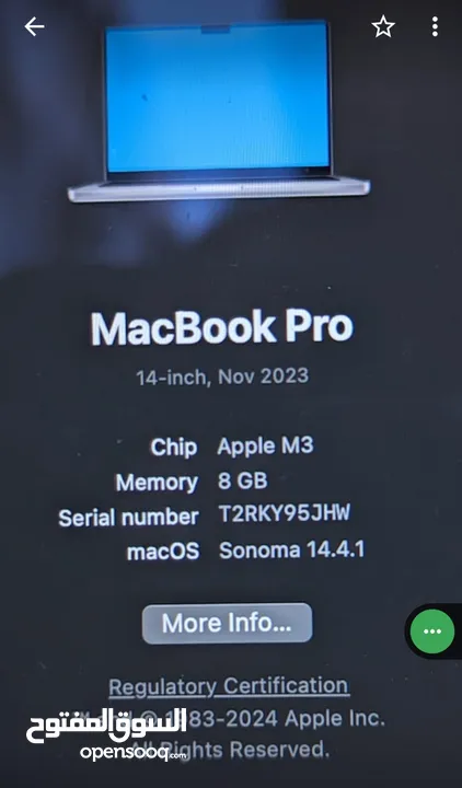 Apple Macbook Pro,m3 chip, 8gb ram, 1 tb ssd, apple plus care 3 years, only 3 months used, fresh