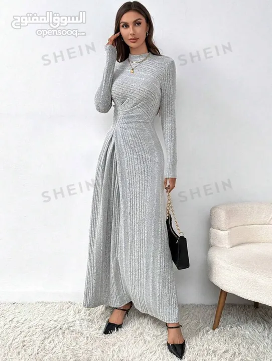 New Grey Stand Up Collar Long Sleeves Dress / L