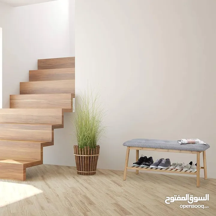 مقعد الأحذية الخيزران والكتان – لمسة فخامة عند باب بيتك! قطعة أنيقة تجمع راحة الجلوس + تخزي