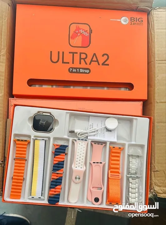 ساعة الترا الذكية – الإصدار الجديد بالحجم الكبير 49mm متوفرة بلون فضي فاخر  ومعها 7 قشاطات بأشكال